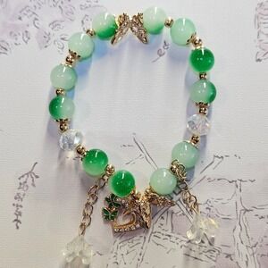 Green Jade Butterfly Heart Charm Beaded Stretch‎ Bracelet Women's